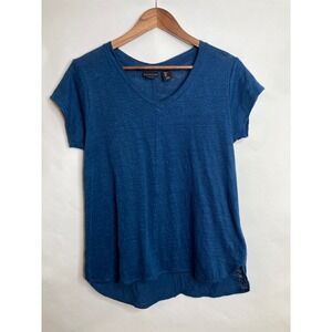 Tahari Womens 100% Linen Top Large Blue Short Sleeve Hi-Low Hem Beachy Coastal